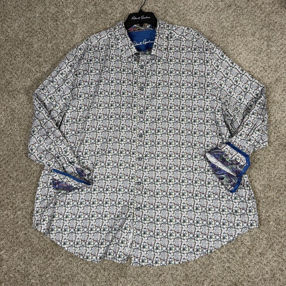 Robert Graham Shirt Mens 3XL Big & Tall White Geometric Circle Print Flip Cuff